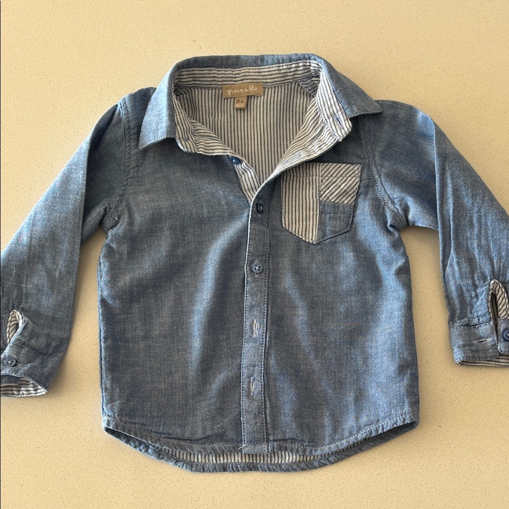 Grain de blé French designed denim -style Button-Down Shirt with Striped Trim
